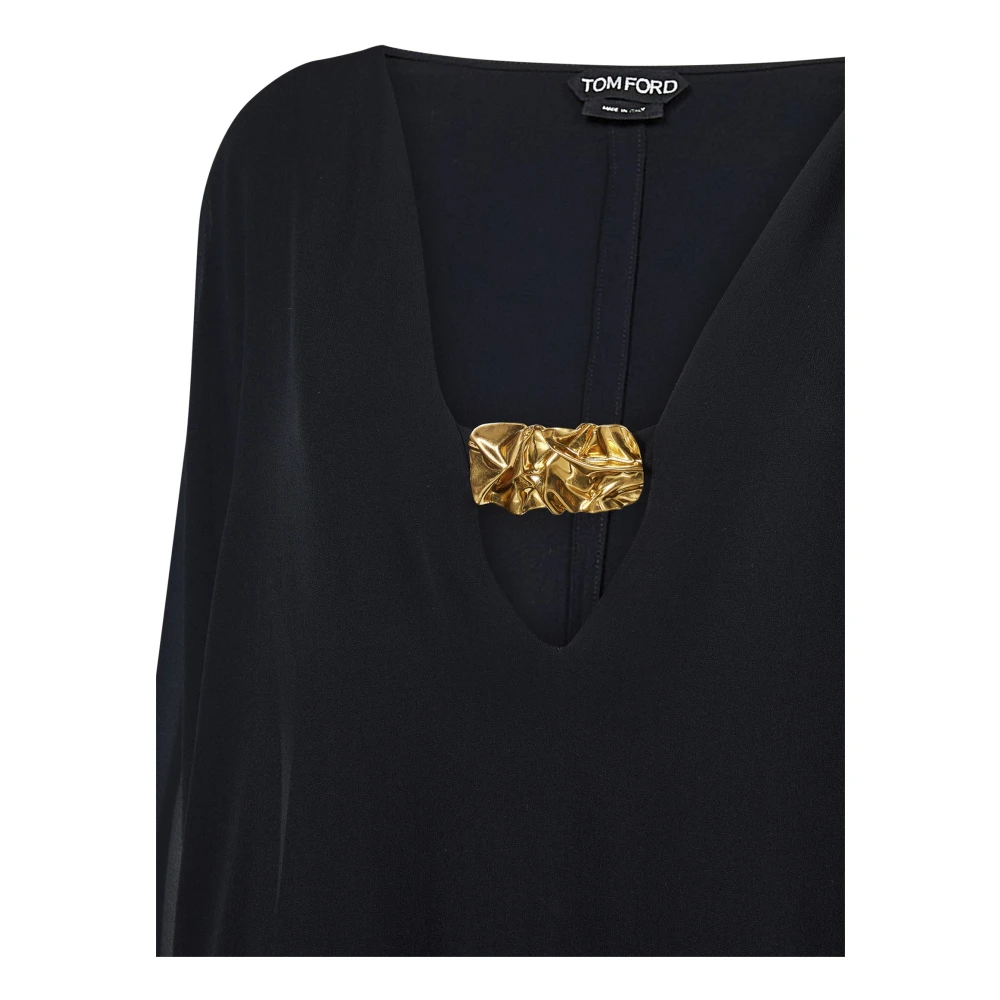 Tom Ford Zwarte Zijden V-Hals Ruffle Jurk Black Dames