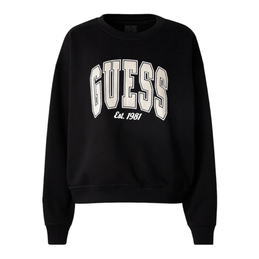 Guess Zwarte Katoenen Oversized Sweater met Strass Logo Black Dames