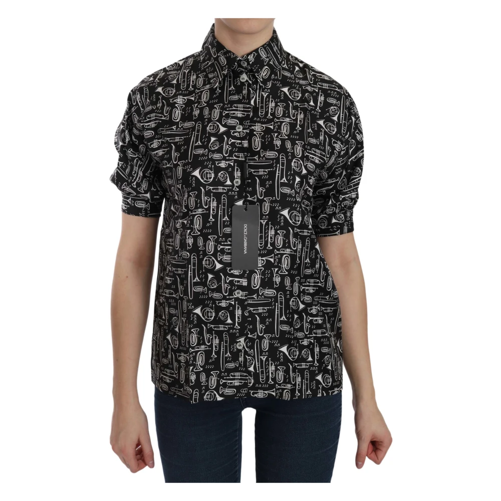 Dolce & Gabbana Women's Black Musical Instrument Collared Blouse Shirt