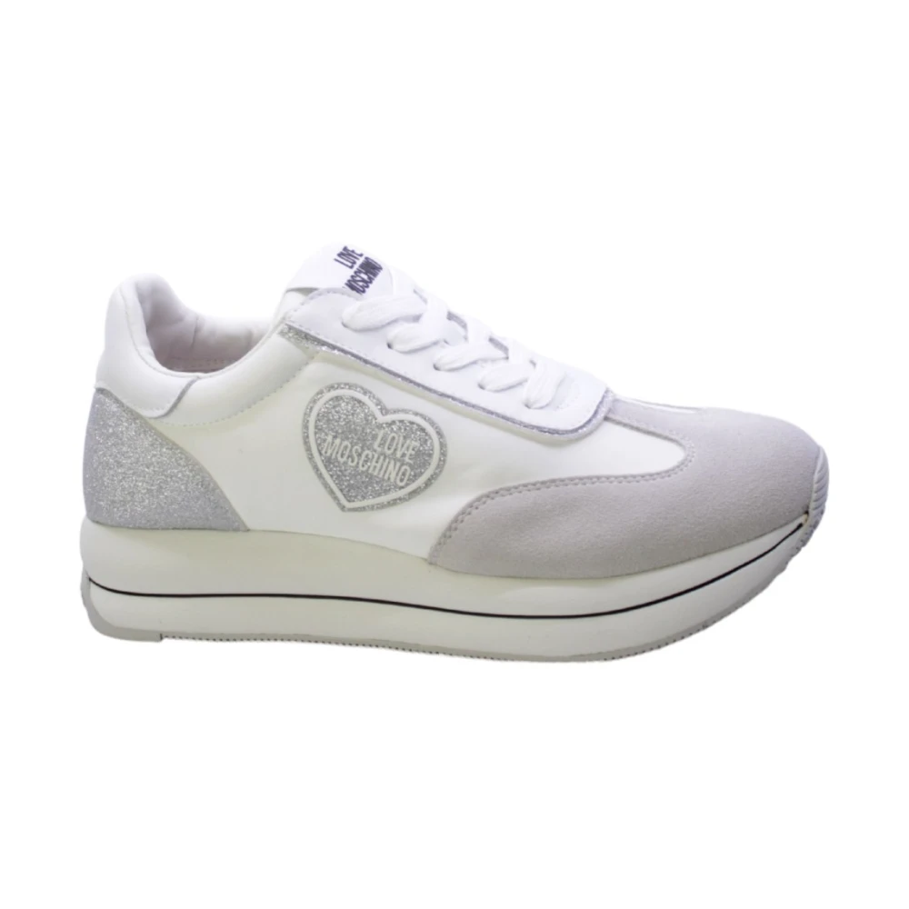 Love Moschino Vita Glittriga Sneakers med Grå Mocka White, Dam