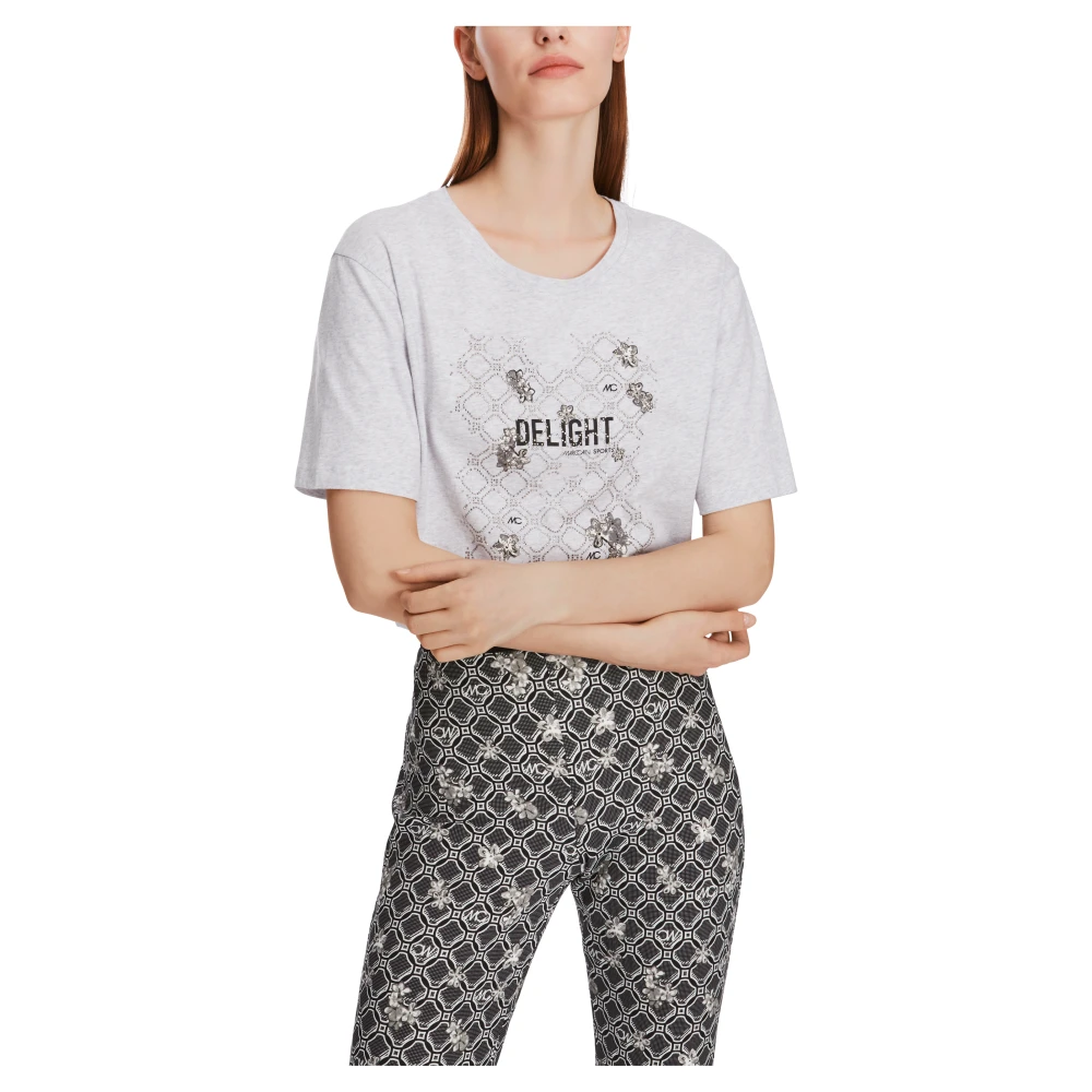 Marc Cain Glitter Motif Cotton T-Shirt Gray Dames