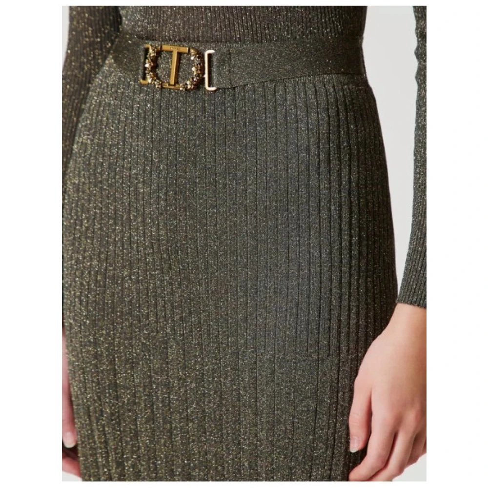 Twinset Geribbelde Midi Rok met Lurex Green Dames