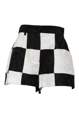 Svart Vit Blommig Brokad Hot Pants
