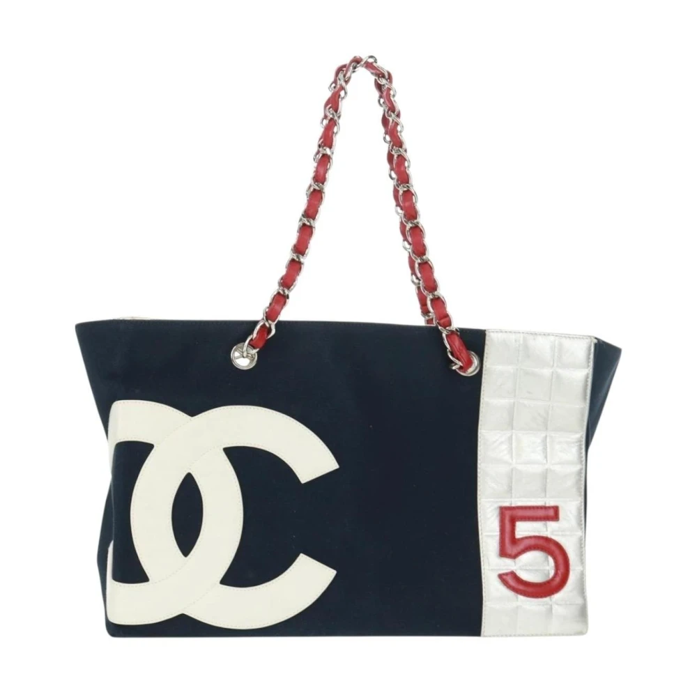 Chanel Vintage Women's Blue Pre-Owned Vintage Canvas Tote Bag With Leather Trim