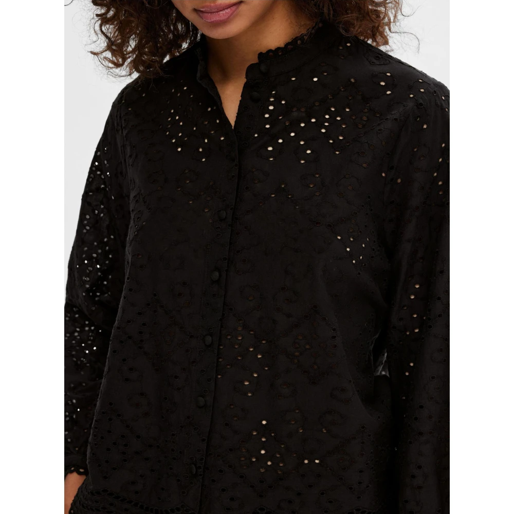 Selected Femme Geborduurde Katoenen Blouse met Geschulpte Kraag Black Dames