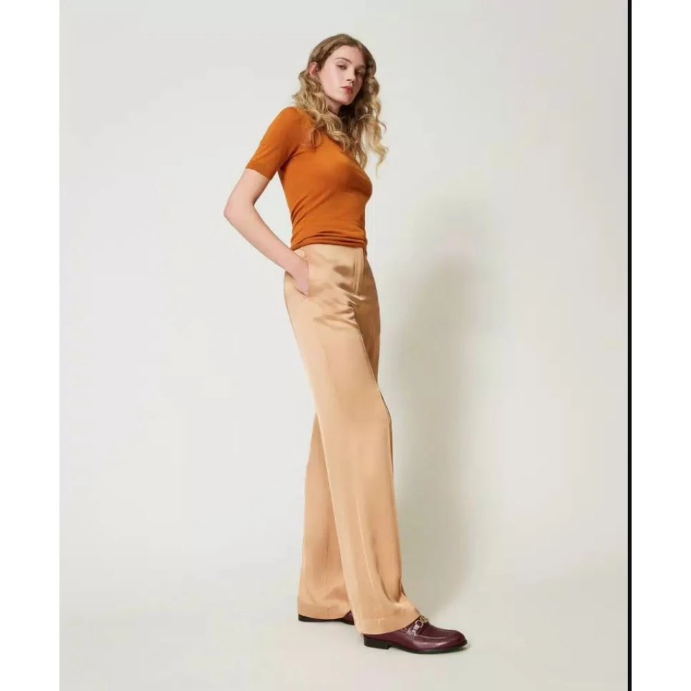 Twinset Satijnen Broek Kameel Rechte Lijn Brown Dames