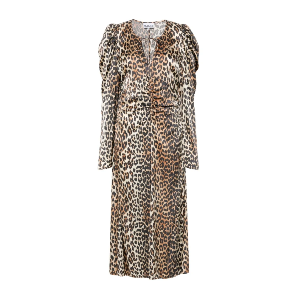 Ganni Women's Brown Midi Dress With Print - Midi Dresses - S - Dresses