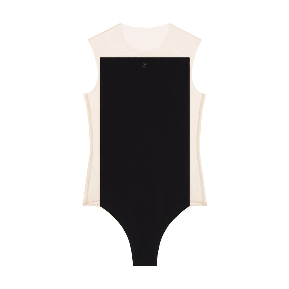 Courrèges Panelled Beige Zwart Bodysuit met Geborduurd Logo Black Dames