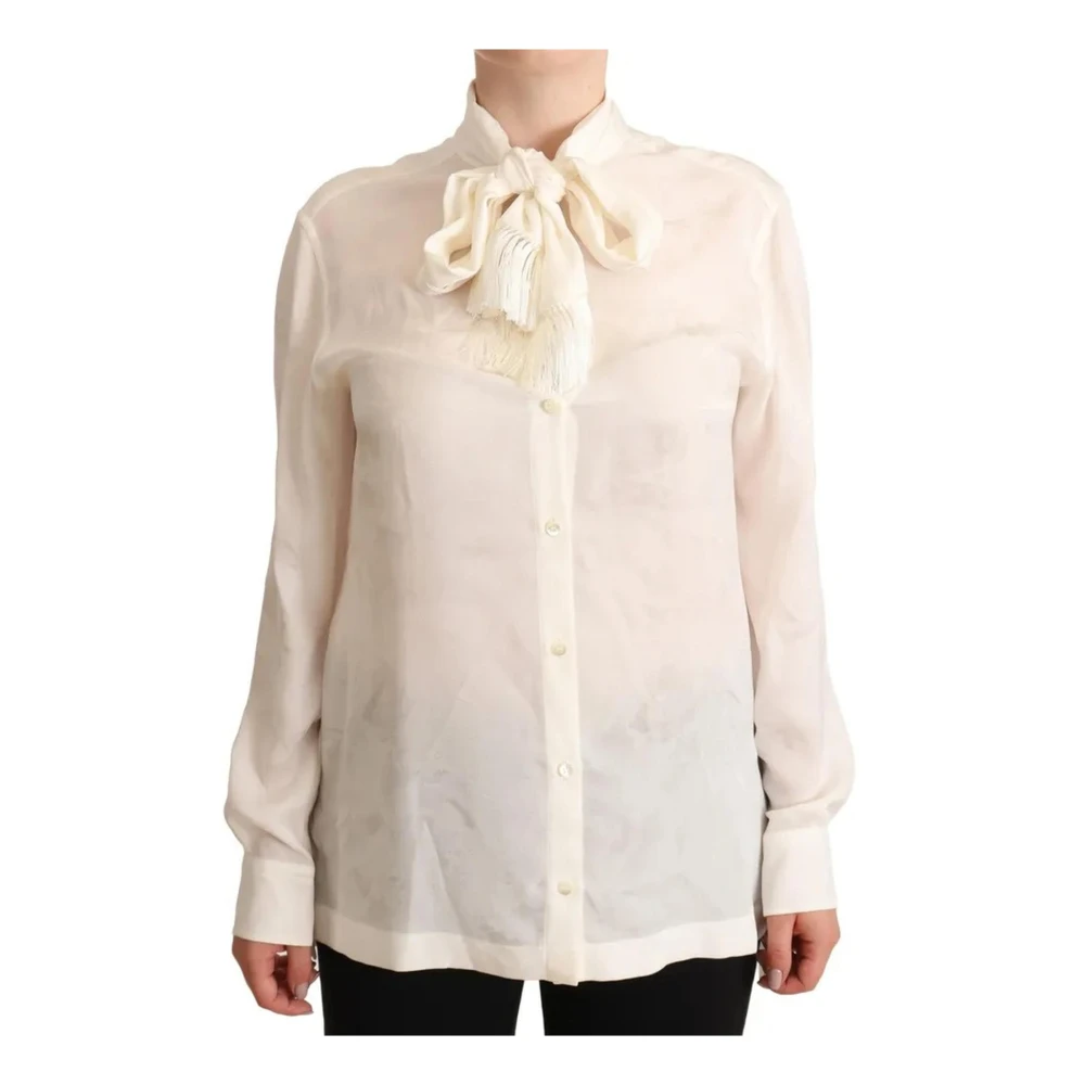 Dolce & Gabbana Zijden Ascot Kraag Witte Blouse Beige Dames