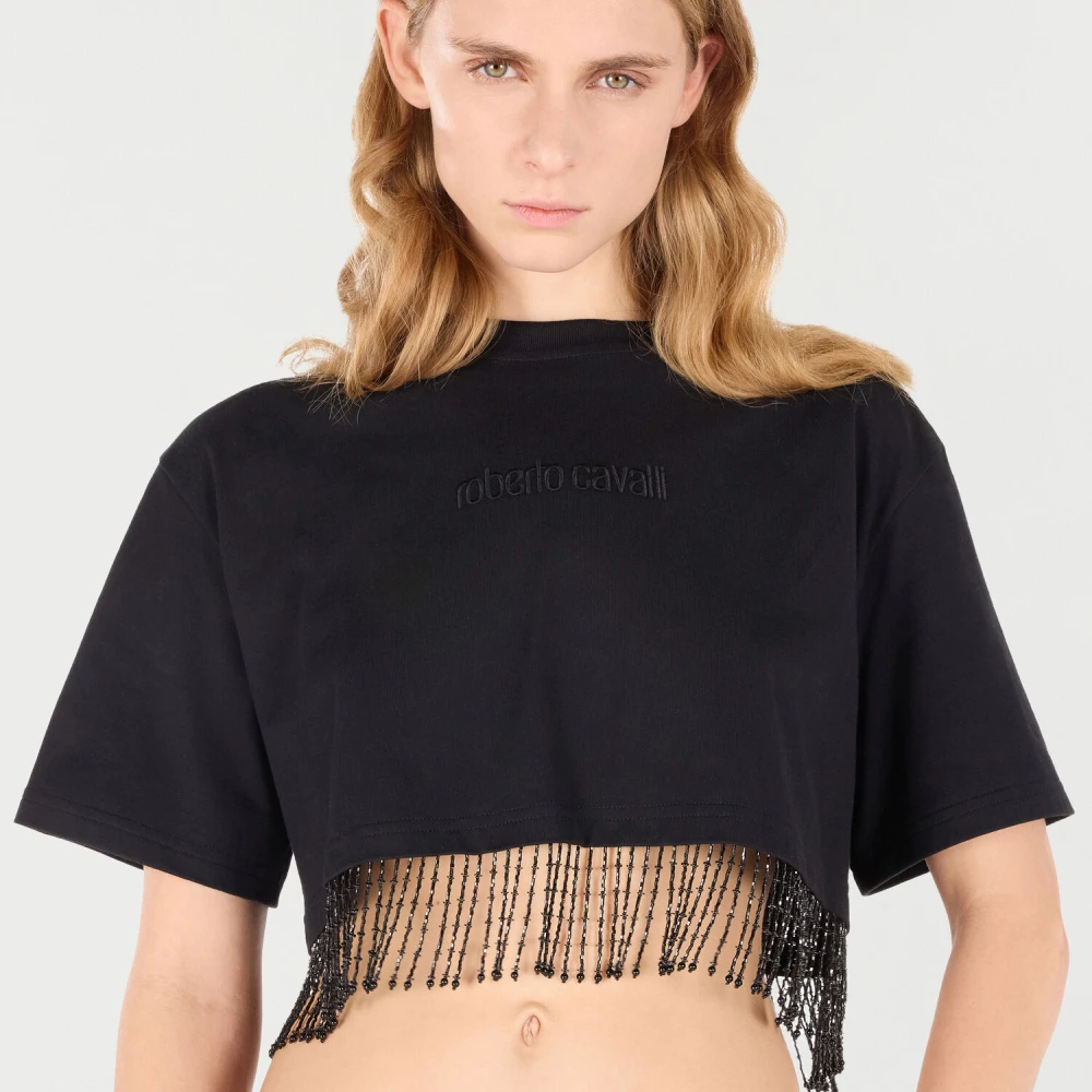 Roberto Cavalli Gefranjde katoenen crop top Black Dames