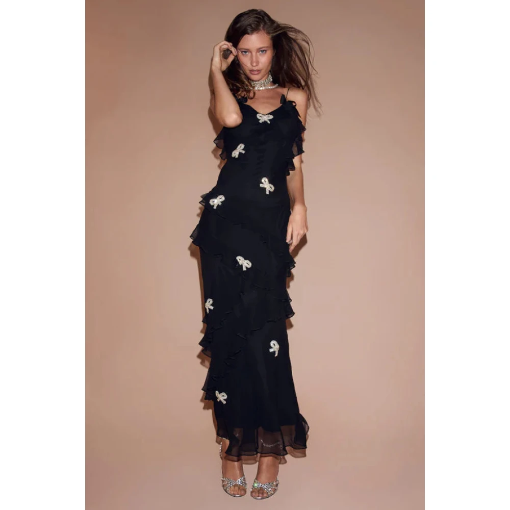 Loveshackfancy Maxi Zijden Jurk met Kristalboogversiering Black Dames
