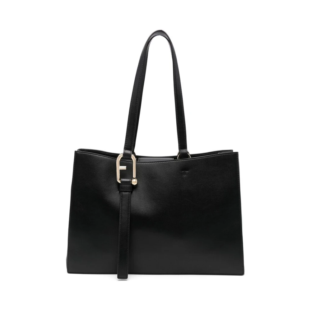 Furla Zwarte Leren Tote Tas met Goudkleurig Logo Black Dames
