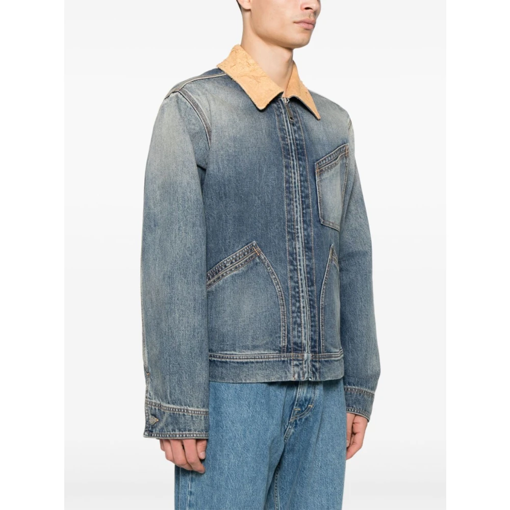 alexander mcqueen Blauwe Denim Jas met Beige Suède Kraag Blue Heren