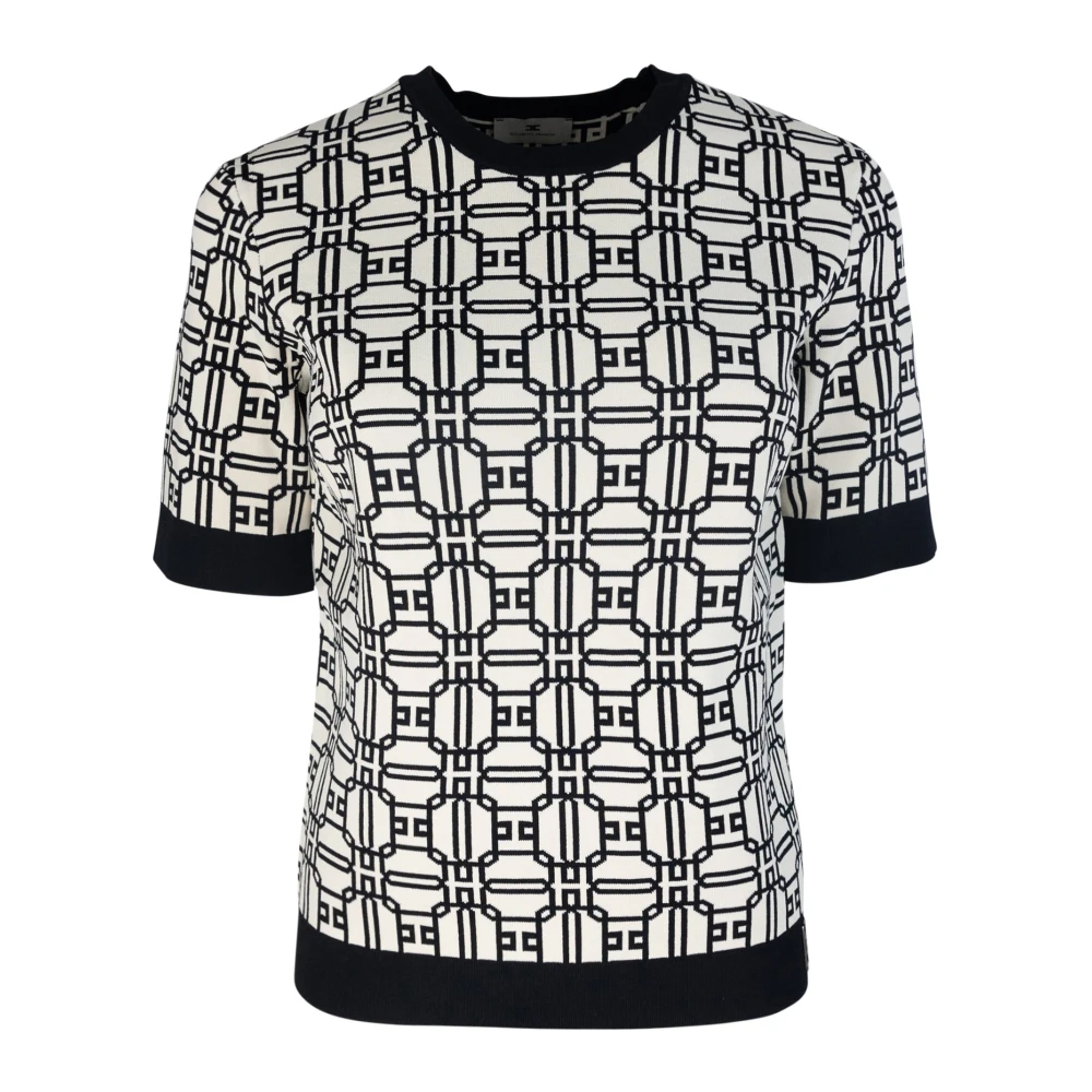 Elisabetta Franchi Zwarte Logo Jacquard Trui Korte Mouw Black Dames