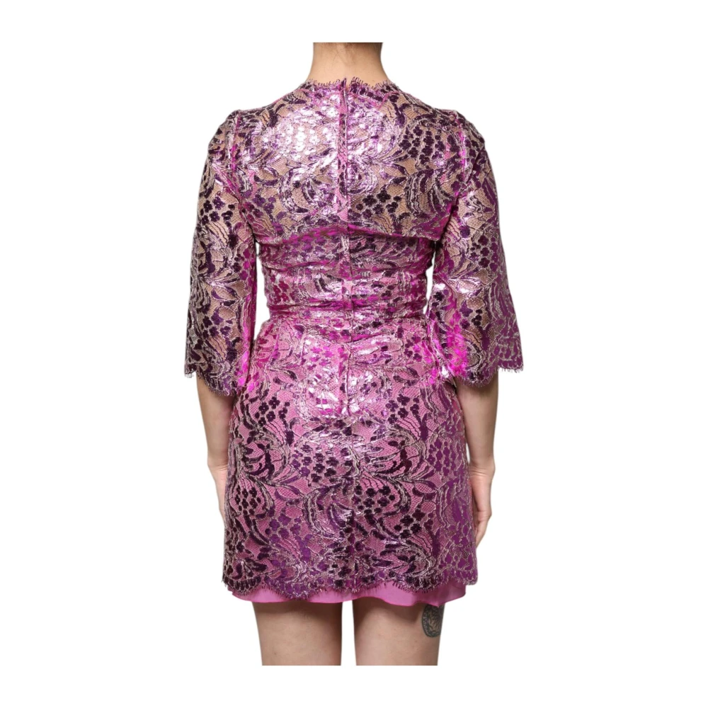 Dolce & Gabbana Metallic Kant Bloemen Mini Jurk Pink Dames