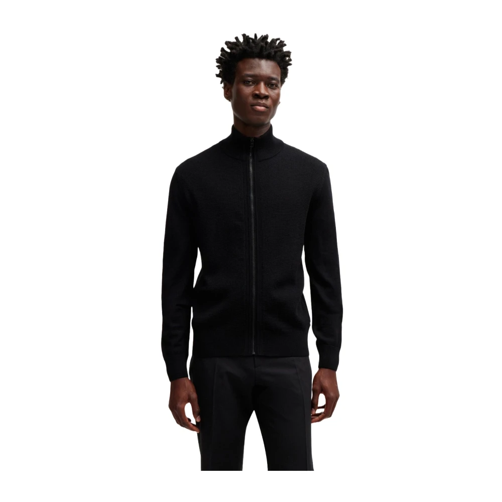 Hugo Boss Cardigan met rits van zuivere wol en gemengde afwerking Black Heren