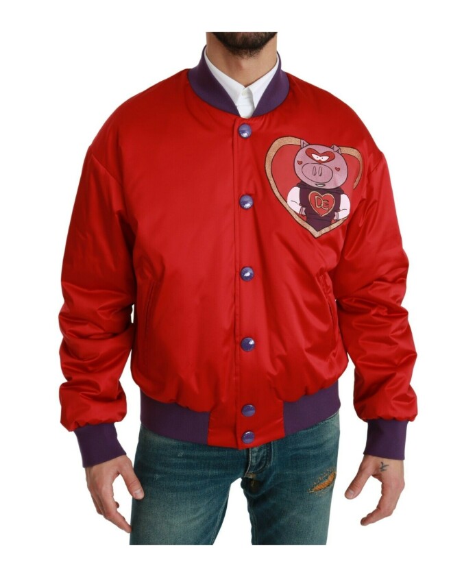 red-multicolor-pig-motif-bomber-jacket