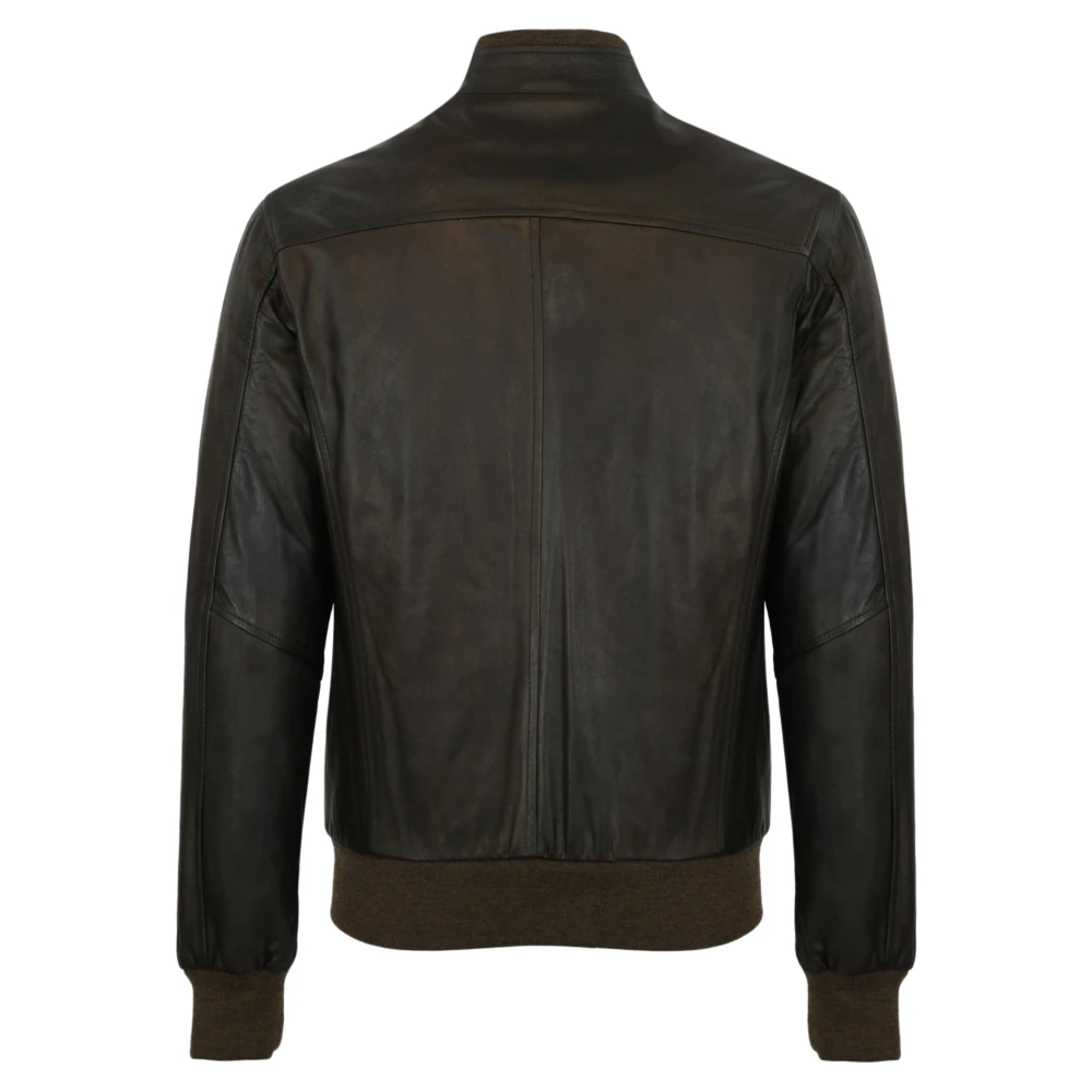 Barba Napoli Bruine Leren Jas Ritssluiting Geribbeld Brown Heren