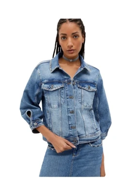 Denimjacka med Nitar och 3/4-Ärmar