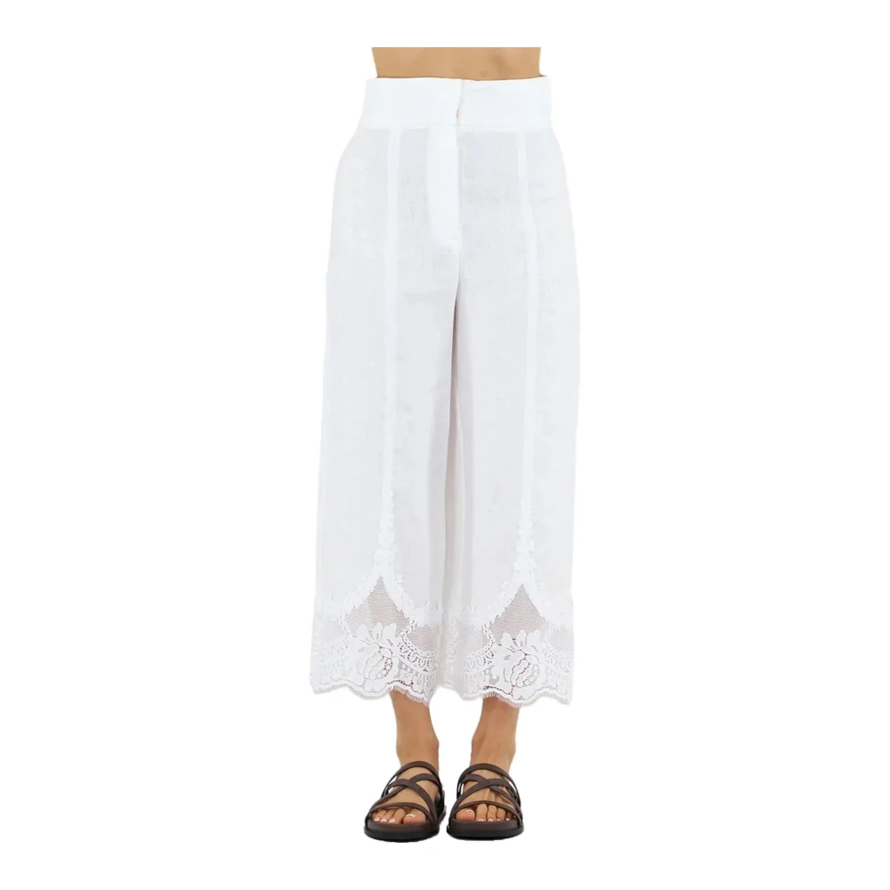 Twinset Women's White Cropped Trousers, Xl, Linen Cropped Trousers With Lace