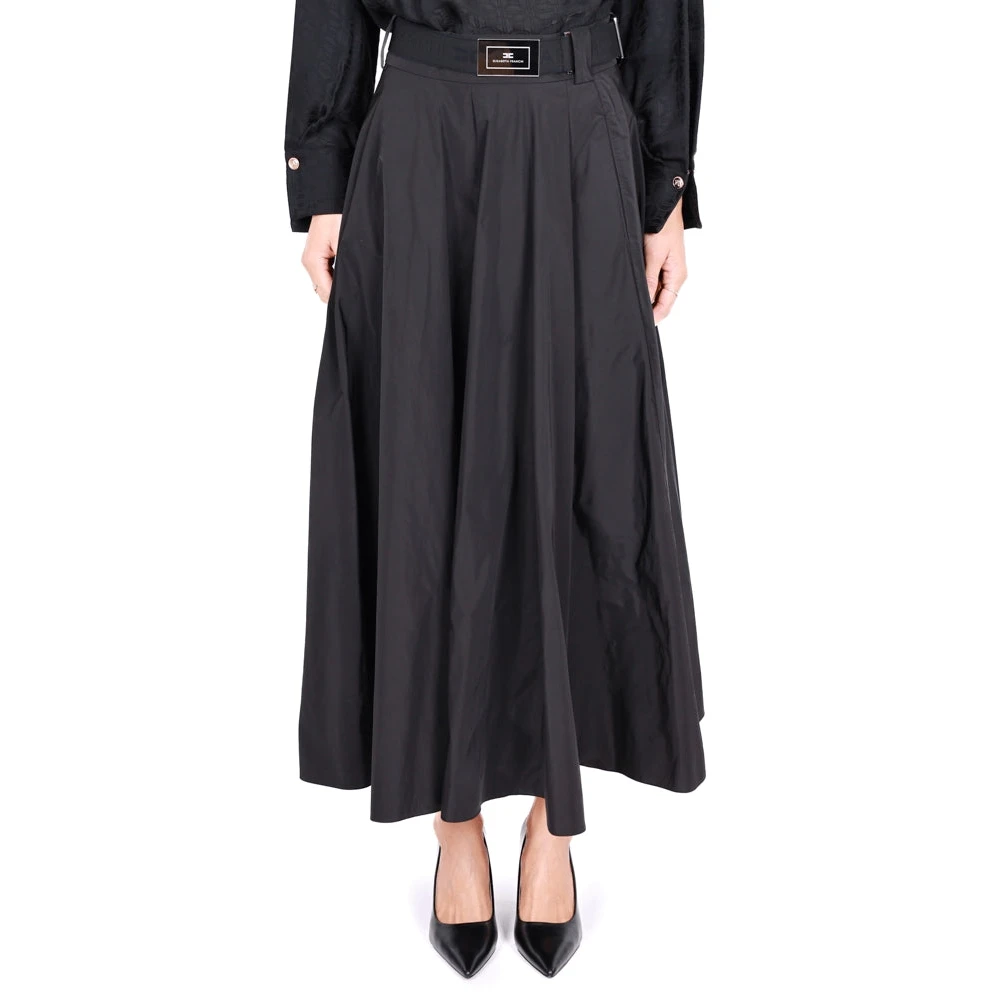 Elisabetta Franchi Elegante Lange Taffeta Rok Zwart Black Dames