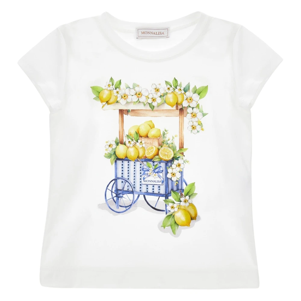 Monnalisa , Kids Short Sleeve T-Shirts, Female, White, 5 Y, Lemon Cart T-Shirt