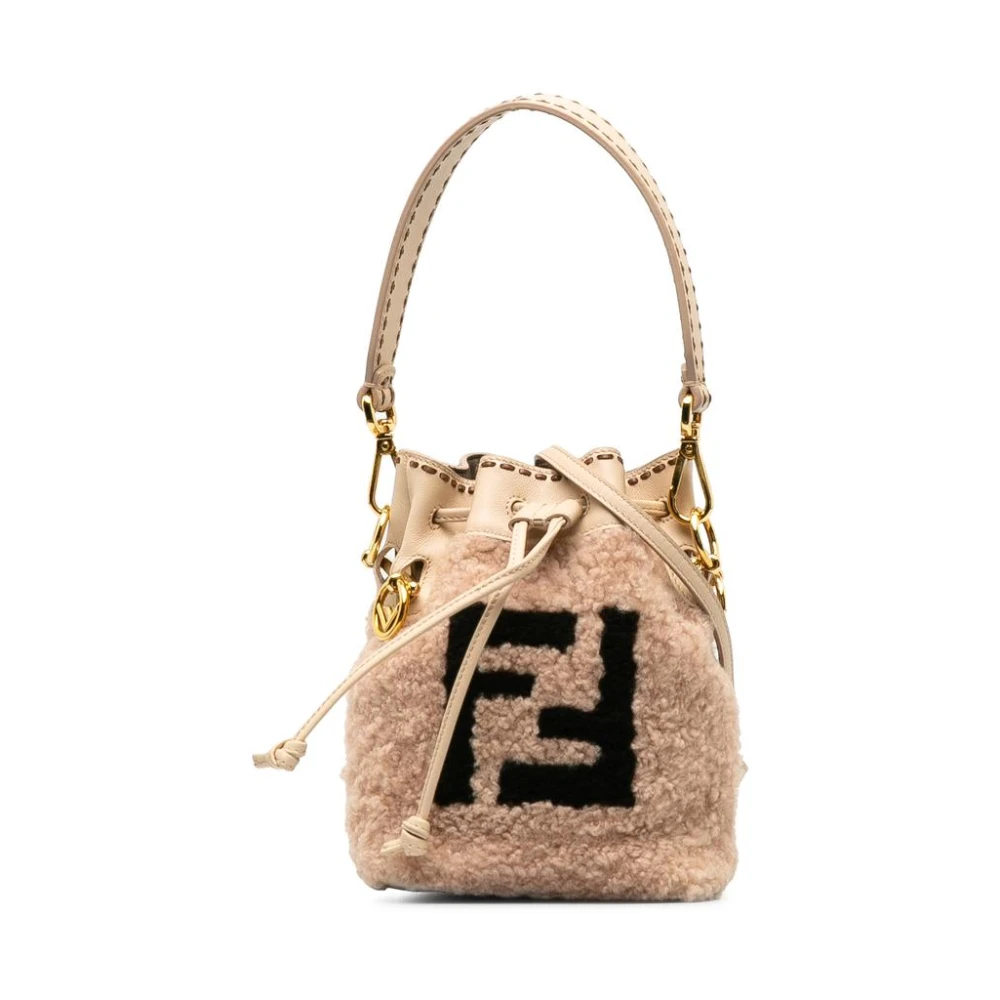 Fendi Vintage Women's Beige Pre-Owned Shearling Bucket Bag With Drawstring Closure And Top Handle