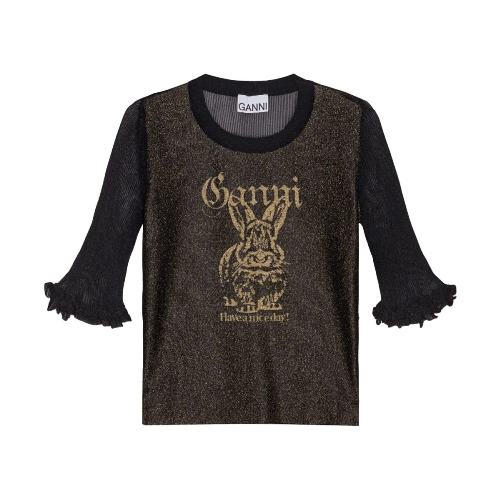 Ganni Women's Black Jumper With Ruffle Cuffs - Round-Neck Knitwear - Xs - Knitwear