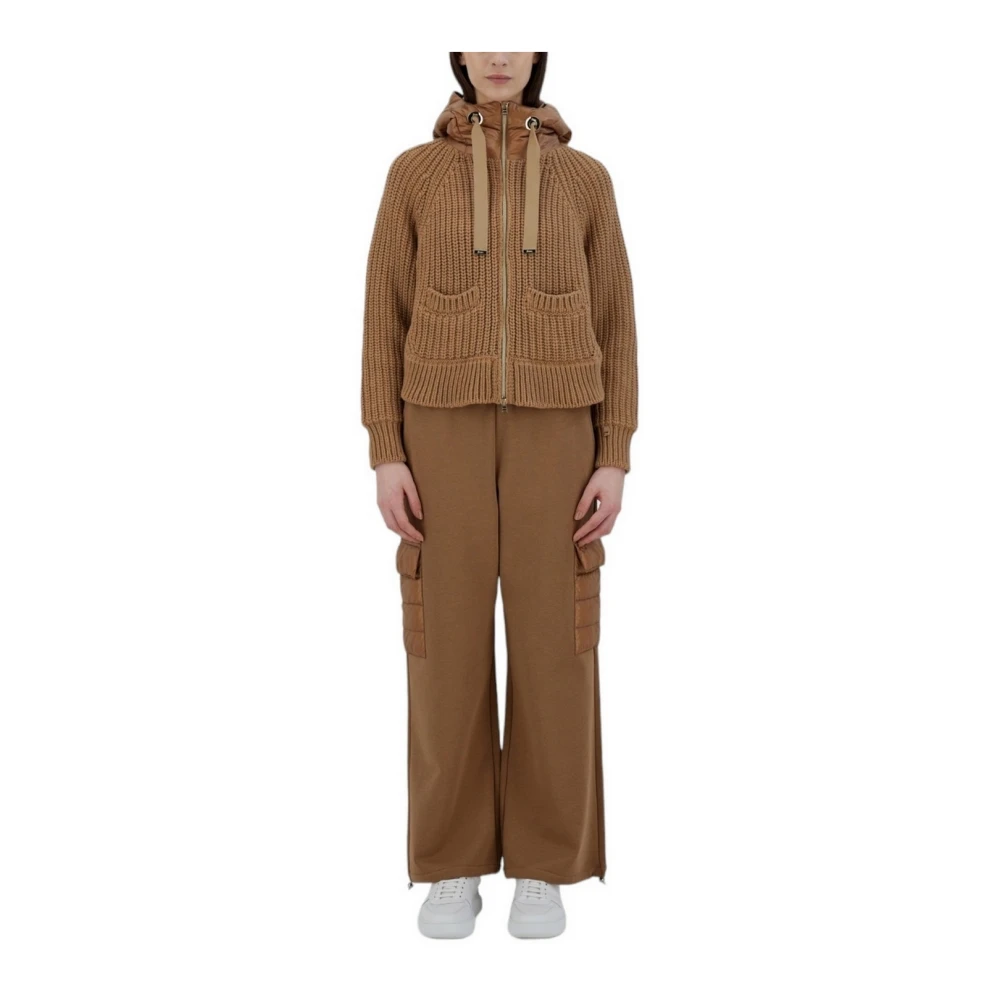 Herno Kameel Ribgebreide wollen jas met verendetails Brown Dames
