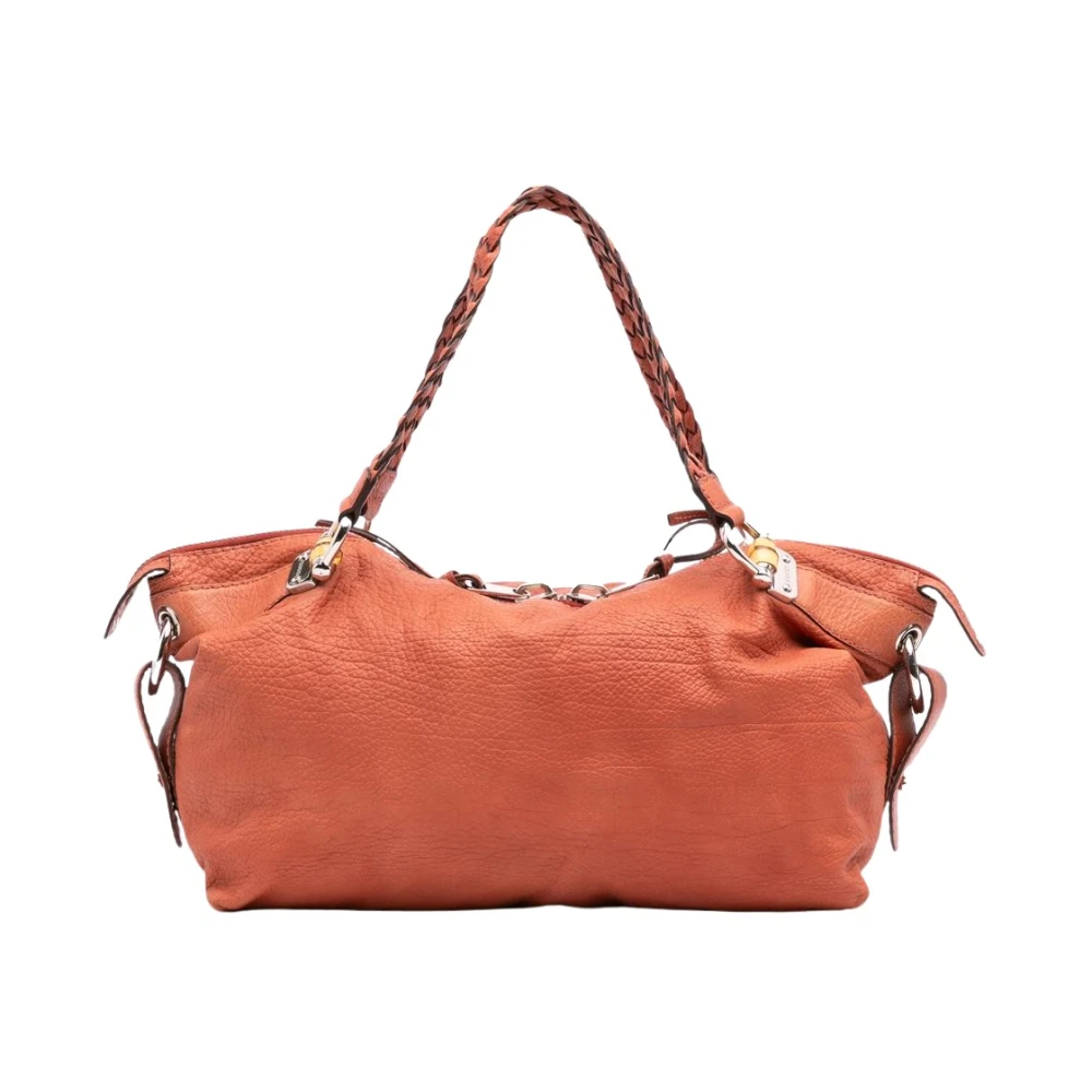 Gucci Vintage Women's Orange Pre-Owned Leather Handbag With Braided Handle And Zip Closure