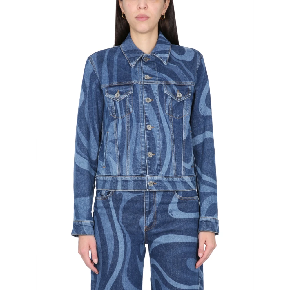 EMILIO PUCCI Marmer Print Denim Jack Vrouwen Knoop Blue Dames