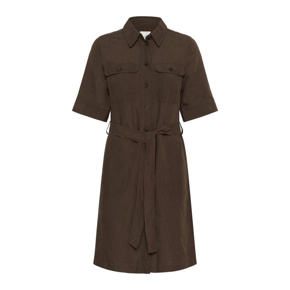 Part Two Brown Shirt Dresses, Female, Xl, Shirt Dress With Belt And Pockets