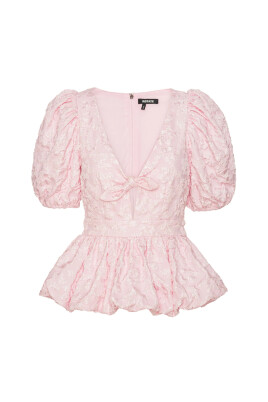 pink-jacquard-puff-sleeve-v-neck-top