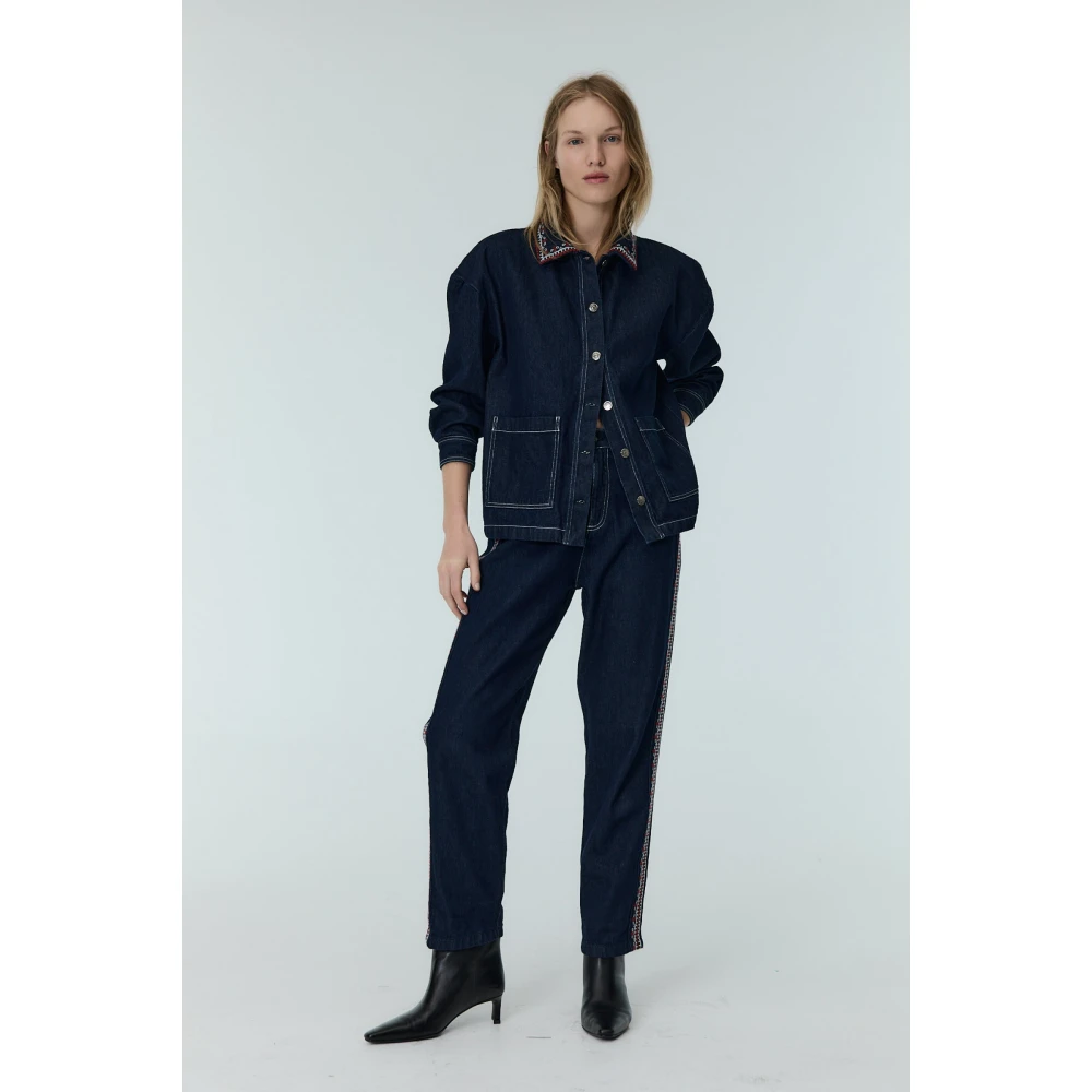 The New Society Denim Overshirt met Borduursel Blue Dames