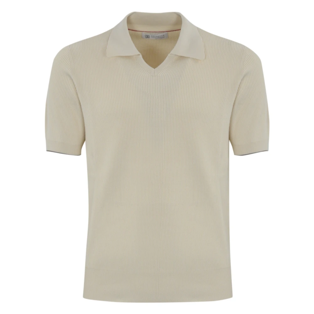 BRUNELLO CUCINELLI Gebreide katoenen poloshirt wit Beige Heren