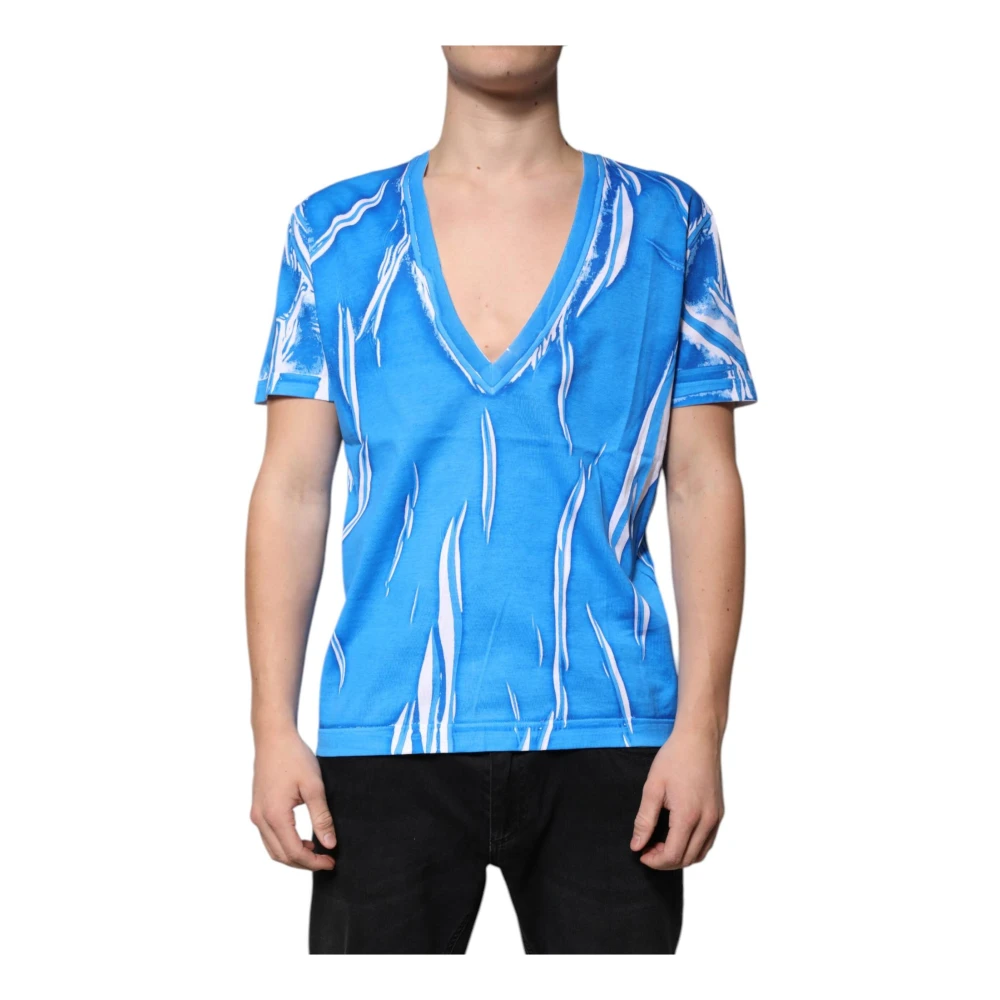 Dolce & Gabbana , T-Shirts, Male, Blue, L, Blue Patterned V-Neck T-Shirt