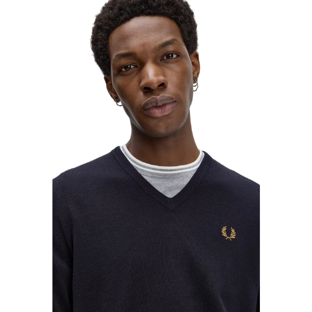 Fred Perry Blauwe Merino V-Hals Trui Blue Heren