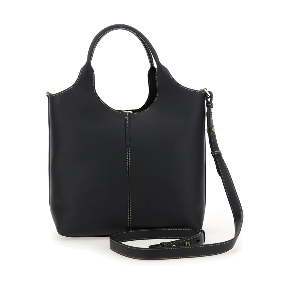 TOD'S Zwarte leren schoudertas met logo Black Dames