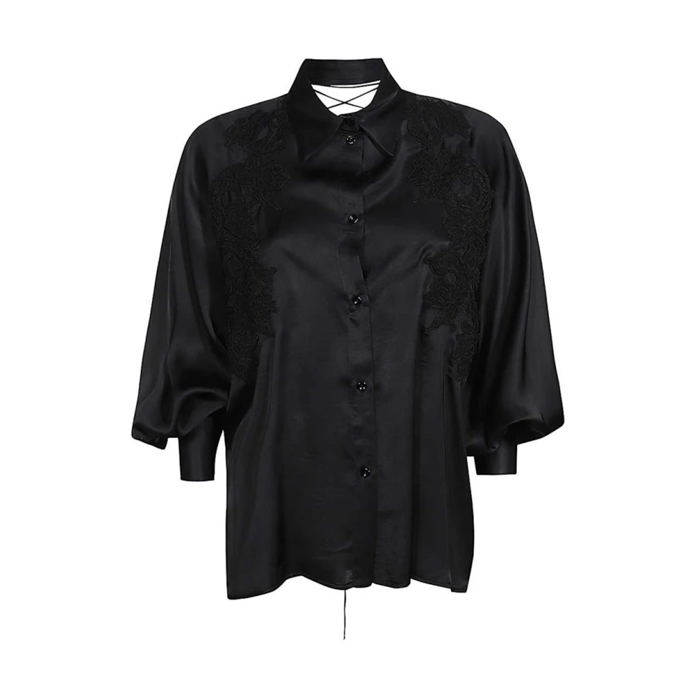Ermanno Scervino Asymmetrische Lange Mouw V-Hals Shirt met Ruches Details Black Dames