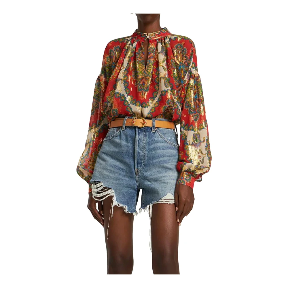 ETRO Zijden bedrukte V-hals shirt Metallic Multicolor Dames