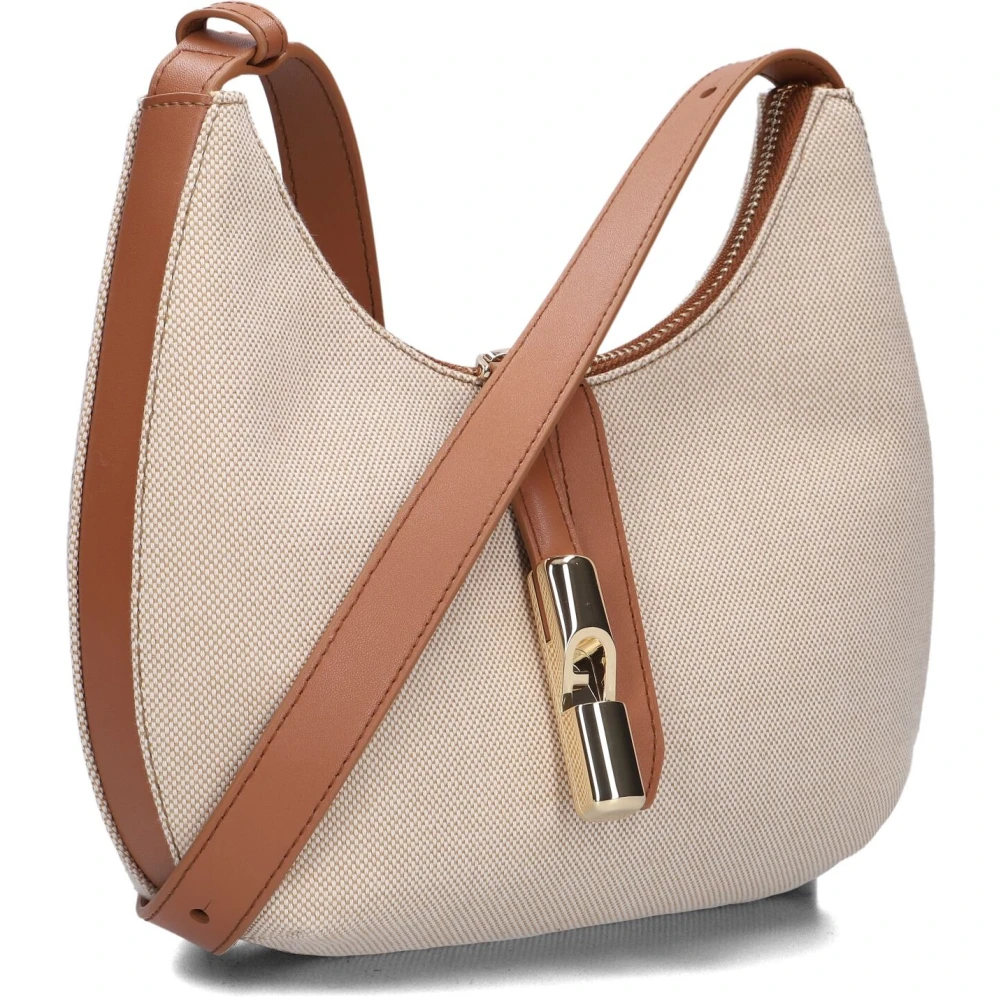 Furla Beige Canvas Schoudertas met Bruin Leer Beige Dames