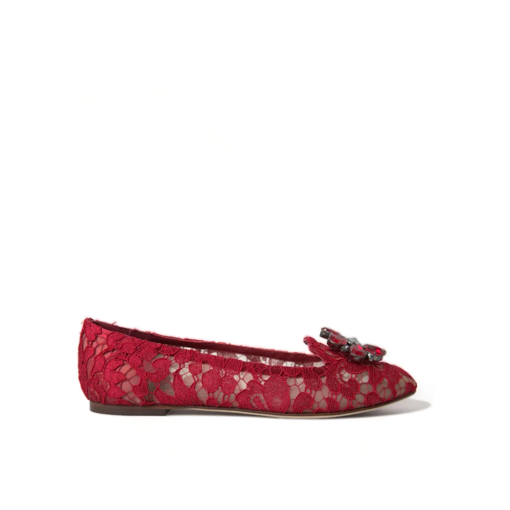 Dolce & Gabbana Röd Spets Kristall Flats Red, Dam