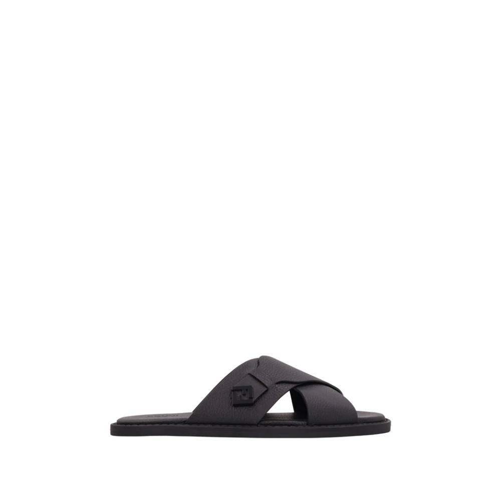 Fendi , Sliders, Male, Black, 6 Uk, Slide Vitello Bottalato