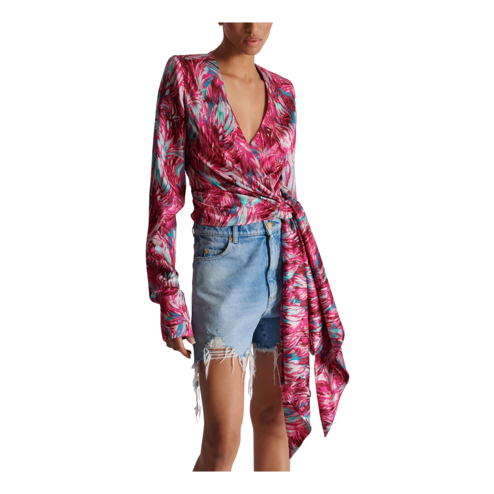Balmain Verenprint satijnen wikkelblouse Pink Dames