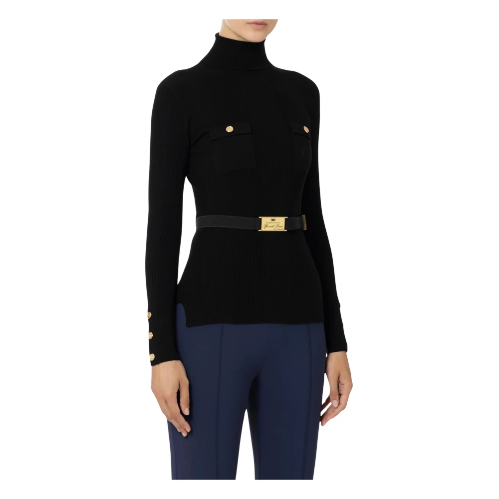 Elisabetta Franchi Zwarte Geribbelde Trui met Hoge Kraag Black Dames