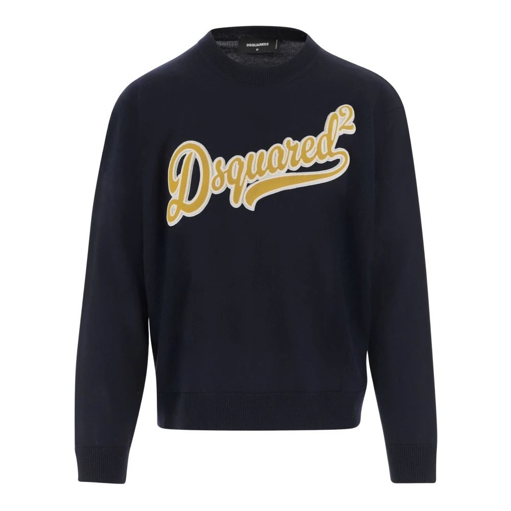 Dsquared2 Blue Wool Logo Pullover Navy Yellow - Male - Round-Neck Knitwear - L - Knitwear