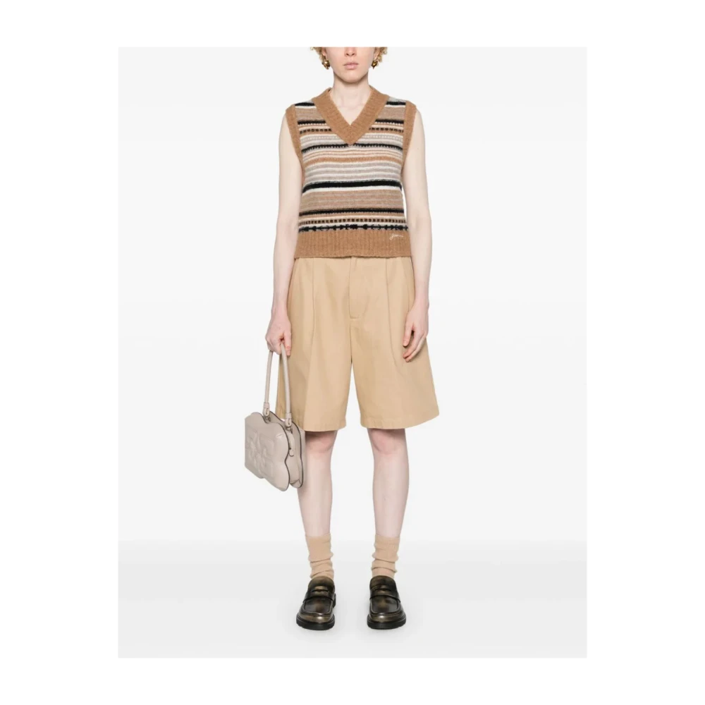 Ganni Geborduurd Logo V-Hals Mouwloze Trui Beige Dames