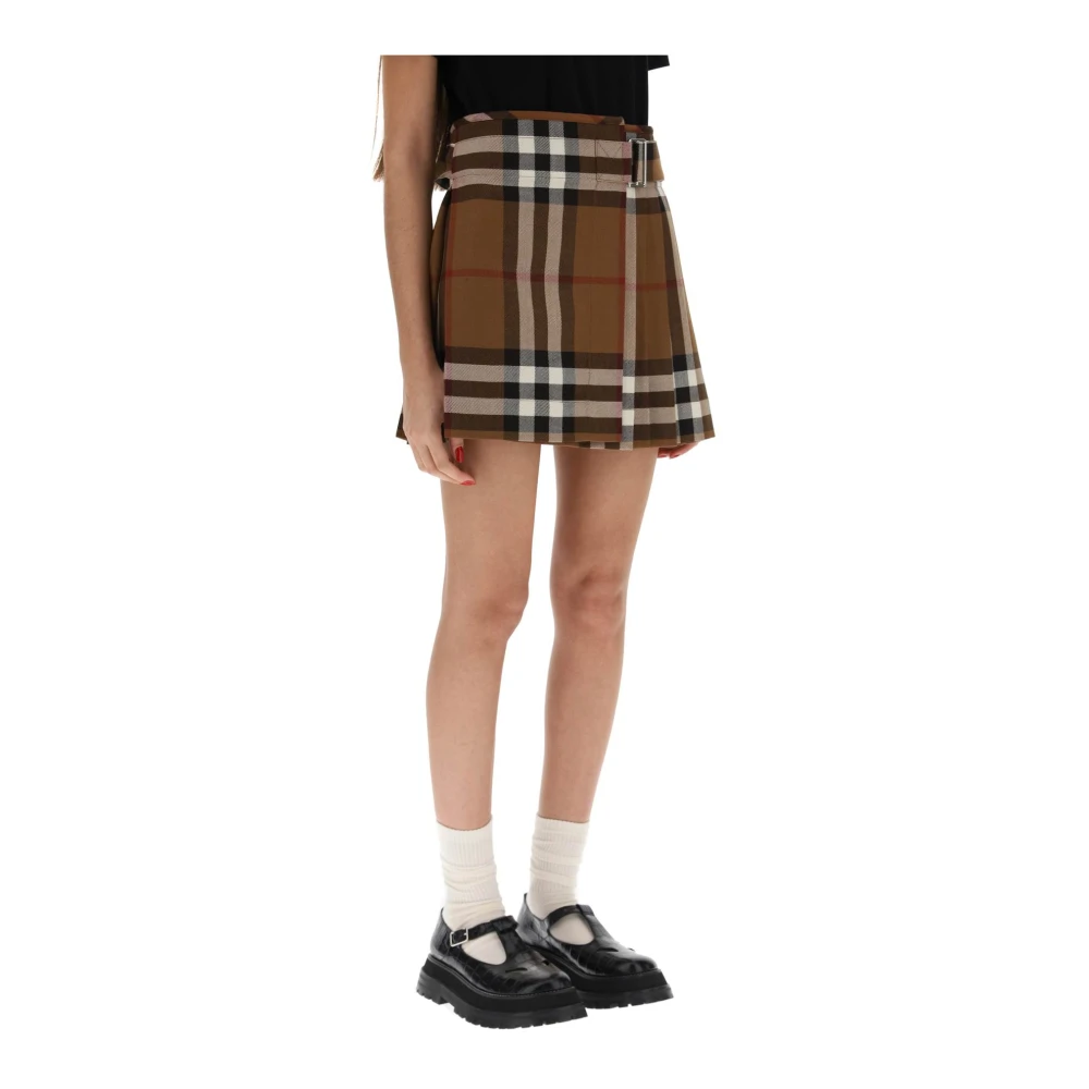 Burberry Geplooide wollen mini rok met overdreven ruitmotief Brown Dames