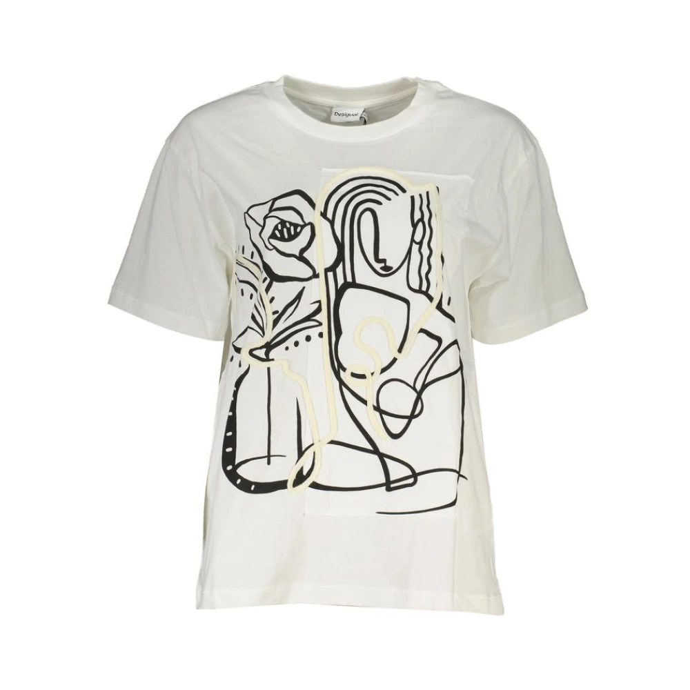 Desigual Women's White Cotton Print T-Shirt