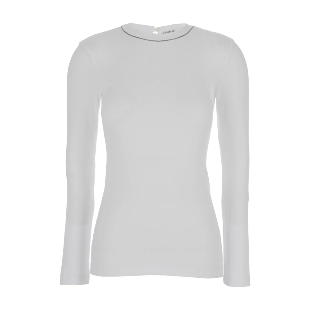 BRUNELLO CUCINELLI Ribgebreide Lange Mouwen T-shirt Wit White Dames